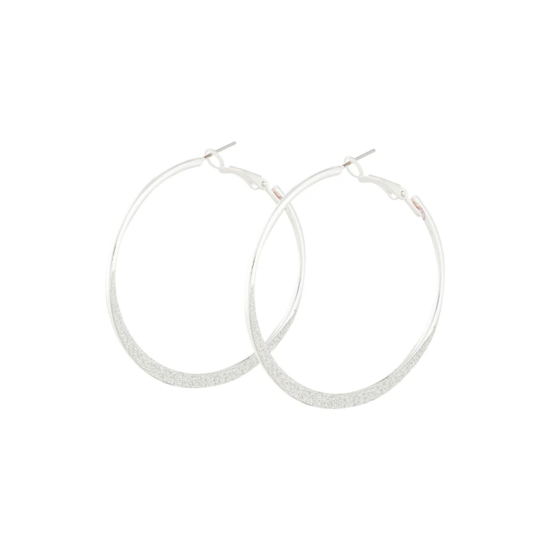 Silver Flat Edge Glitter Hoop Earrings