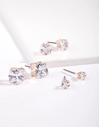 Rose Gold Graduated Princess Cut Diamante Stud Earring Pack