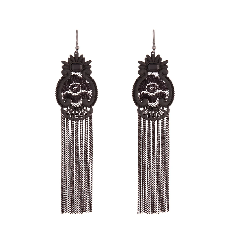 Black Lace Chain Tassel Earrings