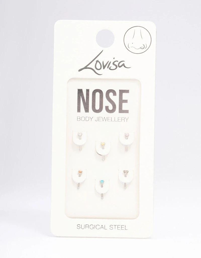 Surgical Steel  Dainty Diamante Nose Hook 6-Pack