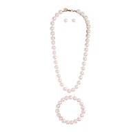 Pink Classic Pearl Necklace Earrings Bracelet Set