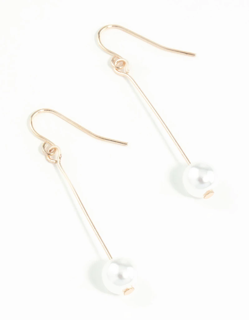 Rose Gold Fine Stick & Pearl Drop Earrings