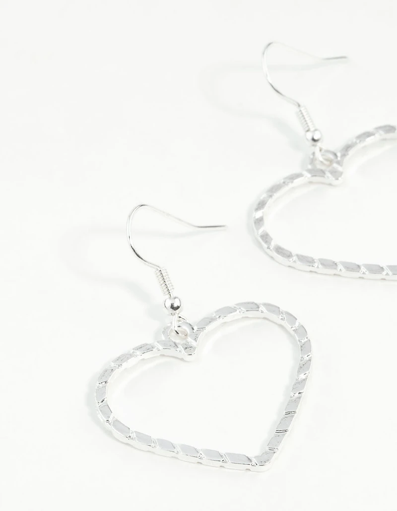 Silver Textured Heart Cut Out Drop Earring