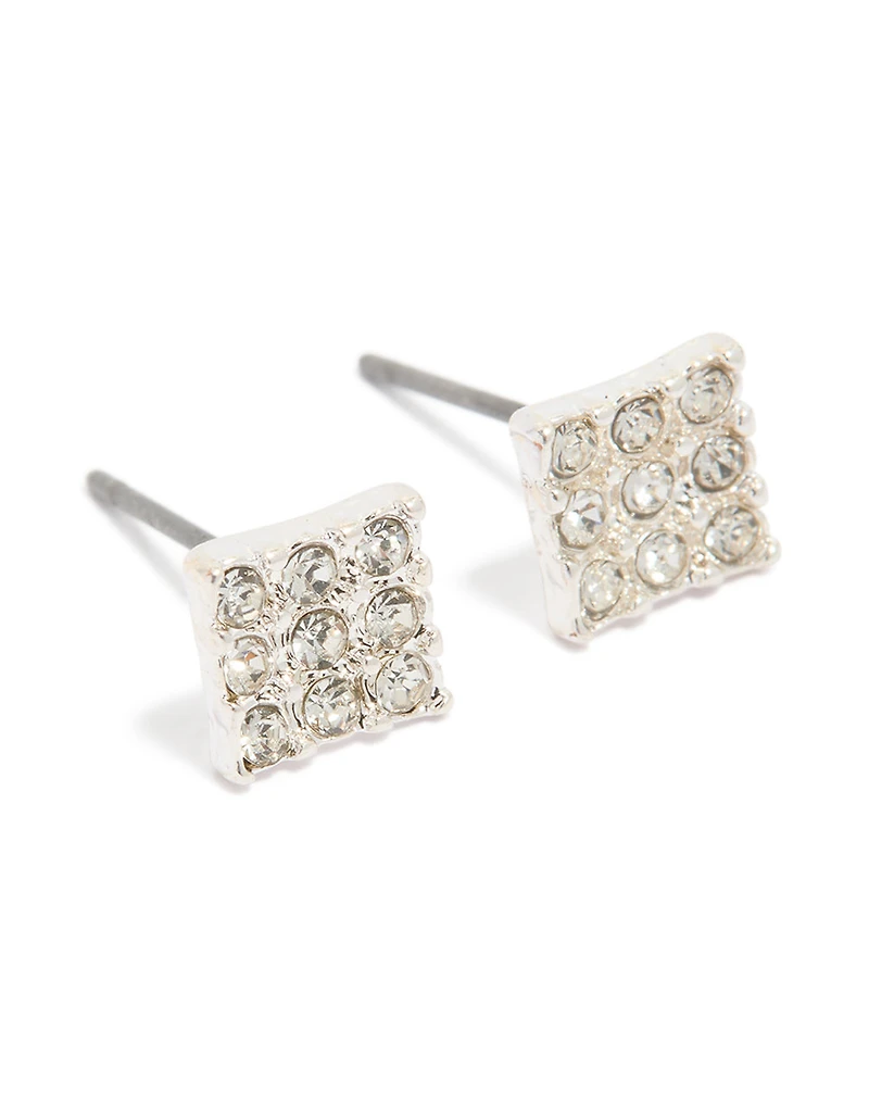 Silver Pave Diamante Square Stud Earrings