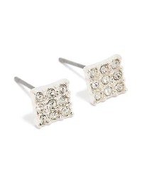 Silver Pave Diamante Square Stud Earrings