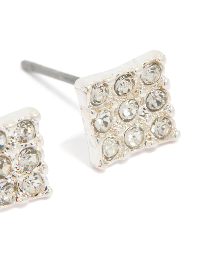 Silver Pave Diamante Square Stud Earrings