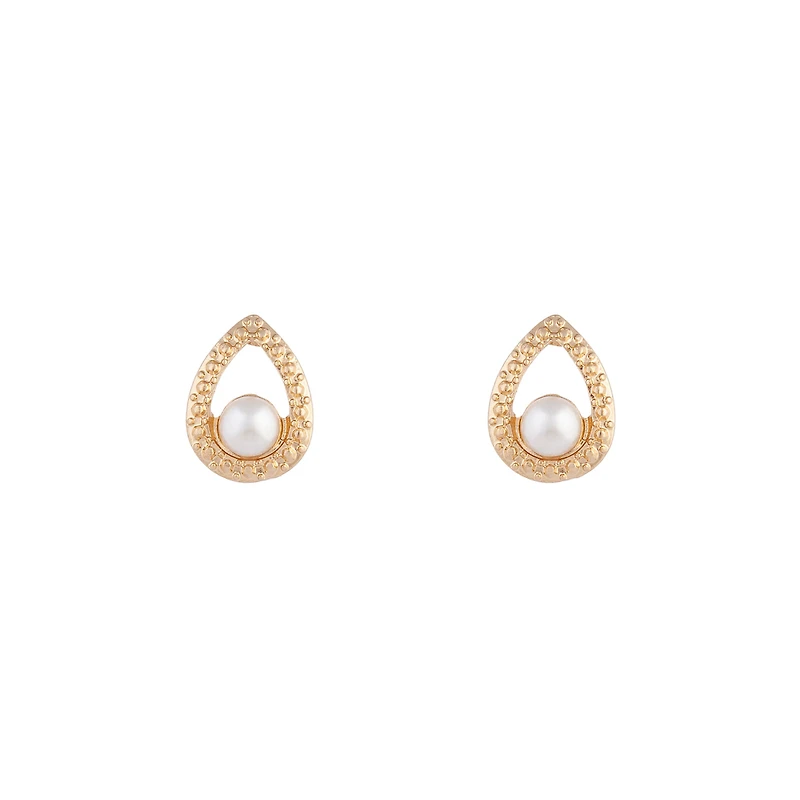 Gold Textured Pearl Teardrop Earrings