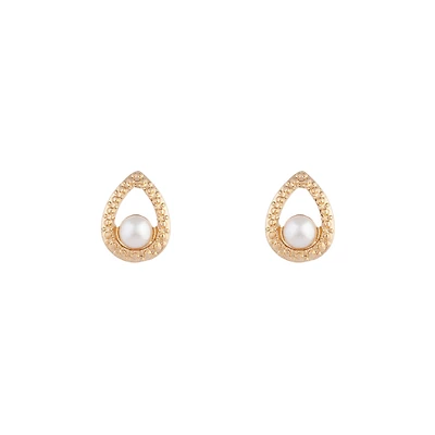Gold Textured Pearl Teardrop Earrings