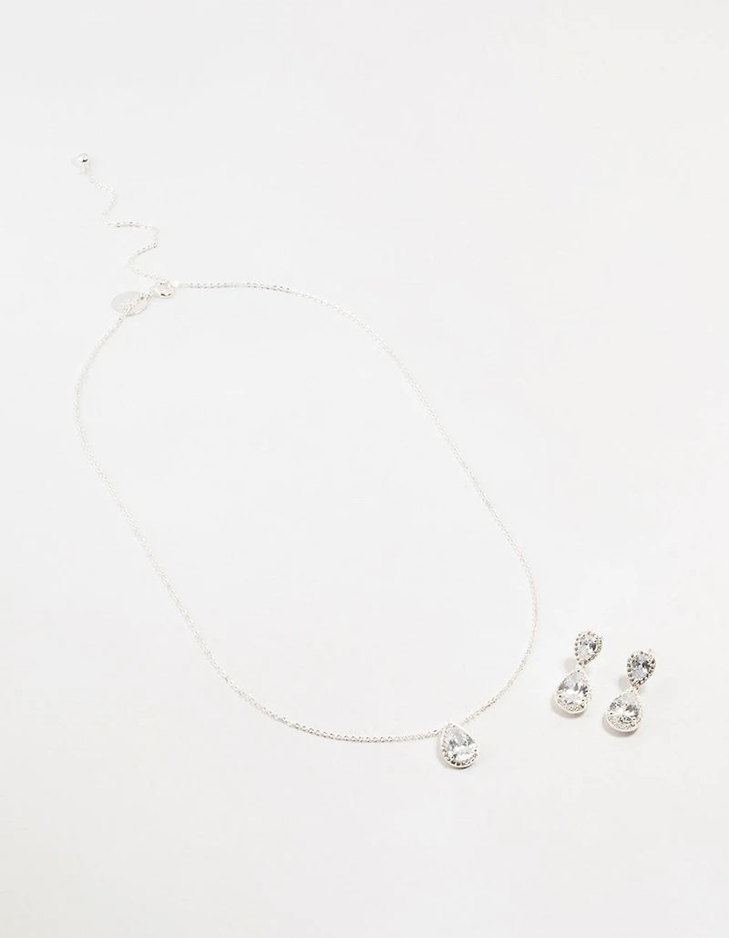 Silver Diamante Teardrop Earrings & Necklace Set