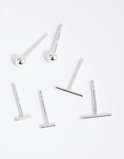 Sterling Silver Bar Polished Ball Earrings Trio
