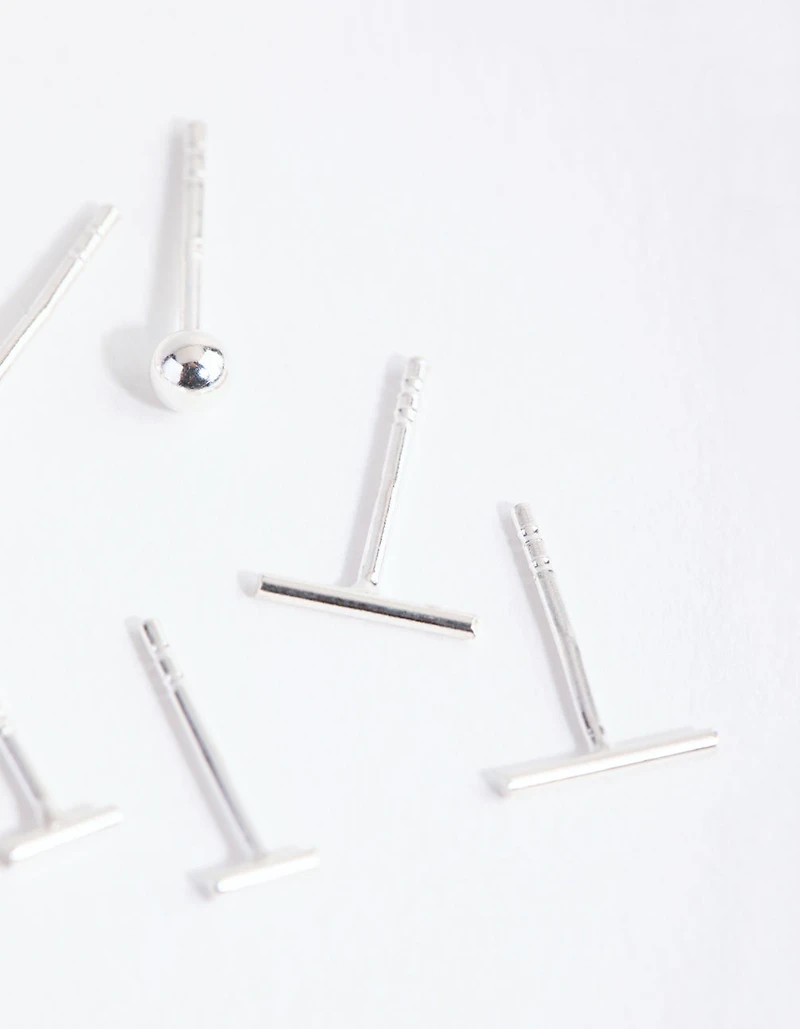 Sterling Silver Bar Polished Ball Earrings Trio