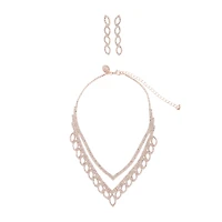 Rose Gold Diamante Earrings Necklace Leaf Set