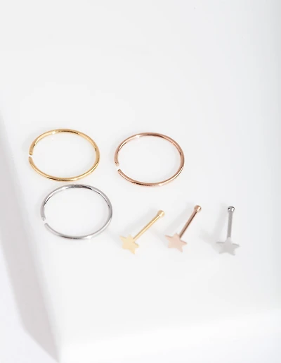 Mixed Metal Fine Star Nose Piercing 6-Pack