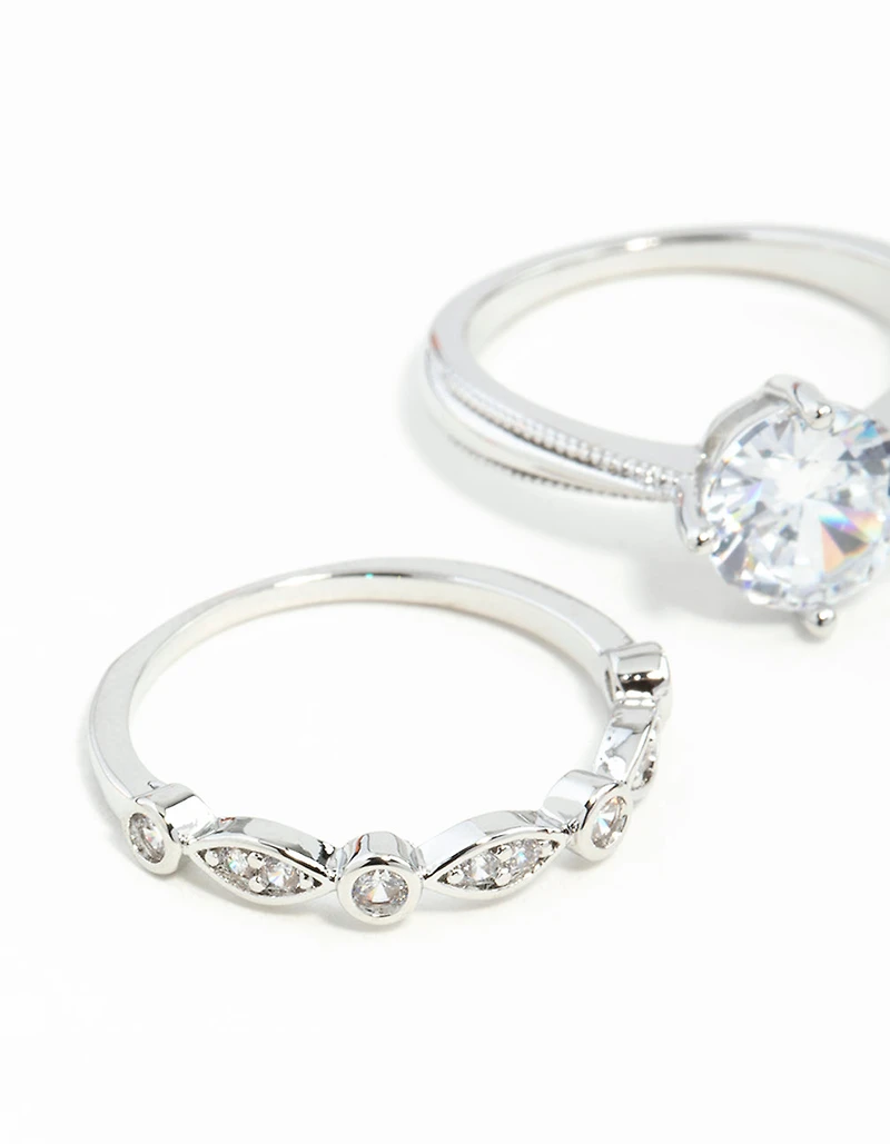 Silver Round Stone Cubic Zirconia Triple Ring Stack