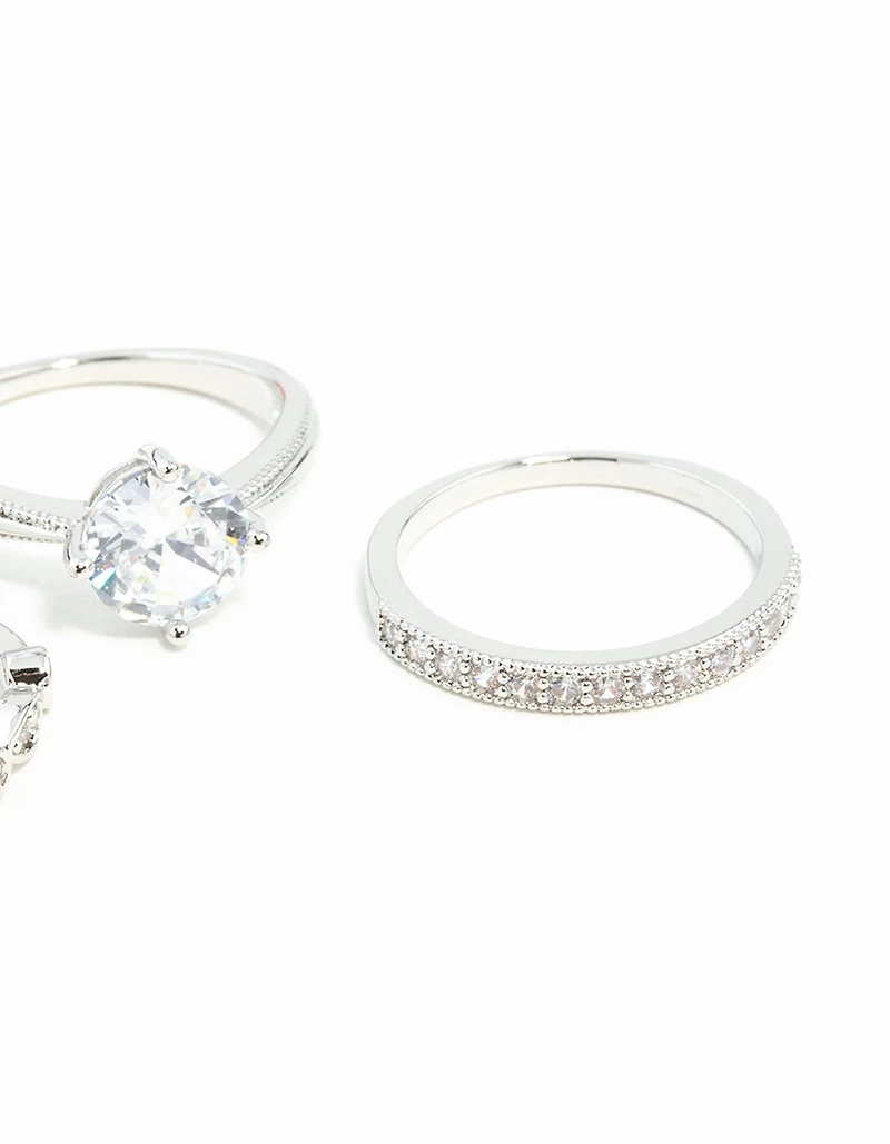 Silver Round Stone Cubic Zirconia Triple Ring Stack