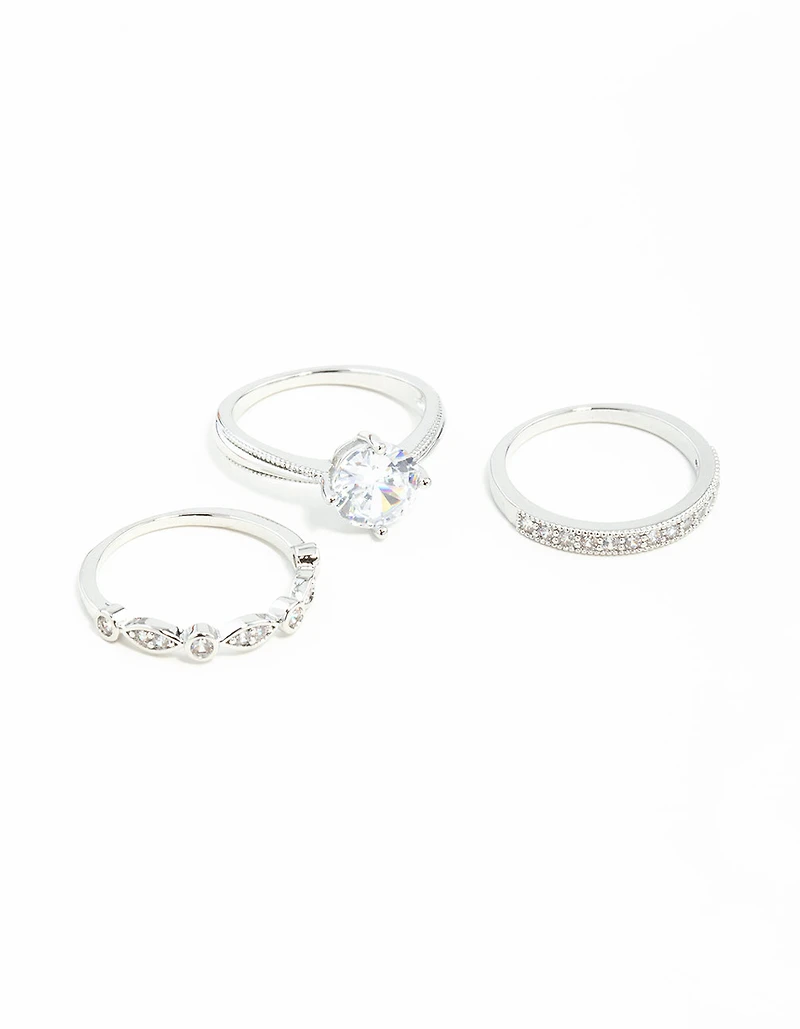 Silver Round Stone Cubic Zirconia Triple Ring Stack