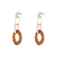 Gold Brown Raffia Circle Link Earrings