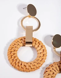 Gold Brown Raffia Circle Link Earrings
