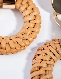Gold Brown Raffia Circle Link Earrings