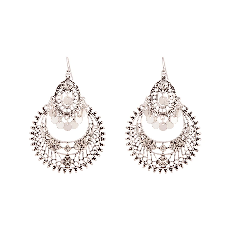 Etched Antique Silver Disc Drop Chandbali Earrings