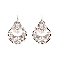 Etched Antique Silver Disc Drop Chandbali Earrings