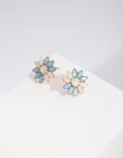 Gold Round Crystal Flower Stud Earrings