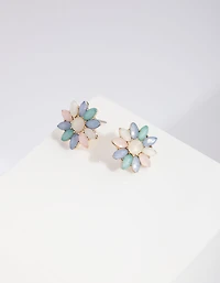 Gold Round Crystal Flower Stud Earrings