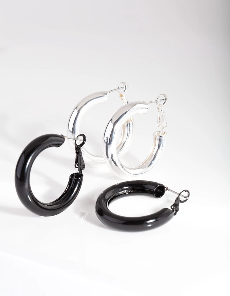 Black Silver Hoop Earrings Duo