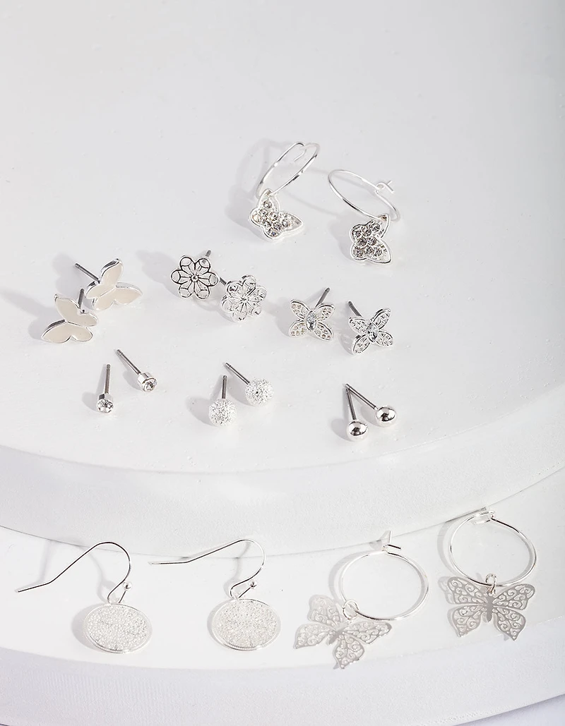 Silver Butterfly Hoop Drop Earring 9-Pack