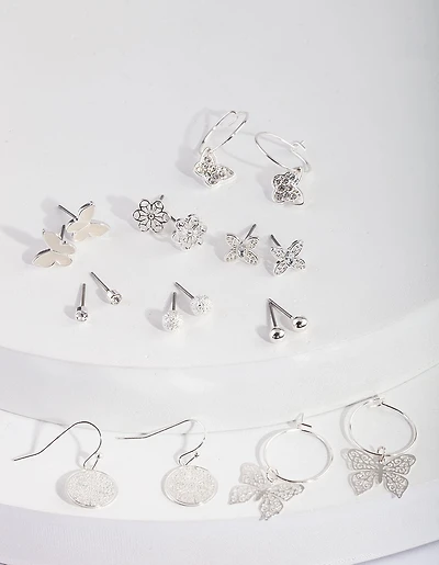 Silver Butterfly Hoop Drop Earring 9-Pack