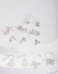 Silver Butterfly Hoop Drop Earring 9-Pack