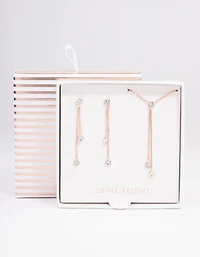 Rose Gold Diamante Drop Earrings Necklace Gift Box
