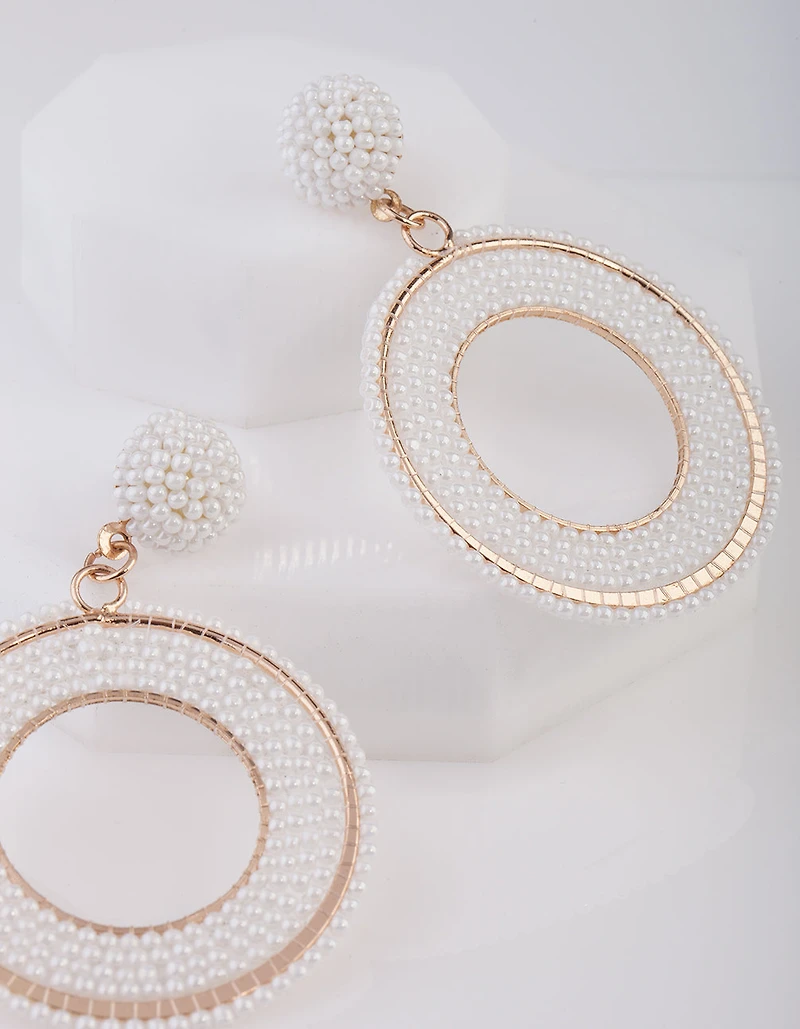 White Beaded Rose Gold Drop Earrings