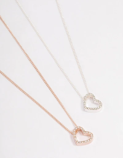Mixed Metal Diamante Heart Necklace 2 Pack