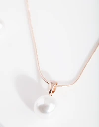 Rose Gold Pearl Necklace Earrings Set
