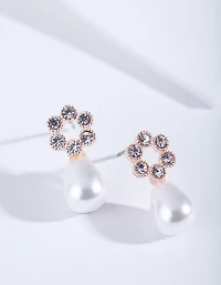 Rose Gold Flower Diamante Pearl Earrings