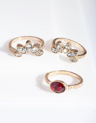 Antique Gold Ruby Floral Ring Stack
