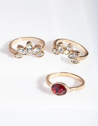 Antique Gold Ruby Floral Ring Stack