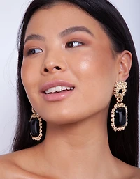 Gold Textured Black Enamel Drop Earrings