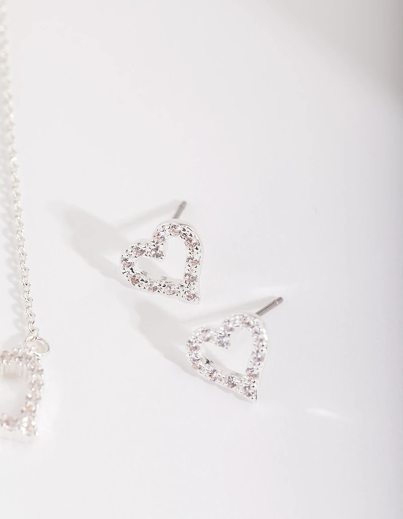 Silver Cubic Zirconia Heart Necklace & Earrings Set