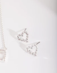Silver Cubic Zirconia Heart Necklace & Earrings Set