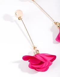 Gold Red Fabric Flower Drop Earrings