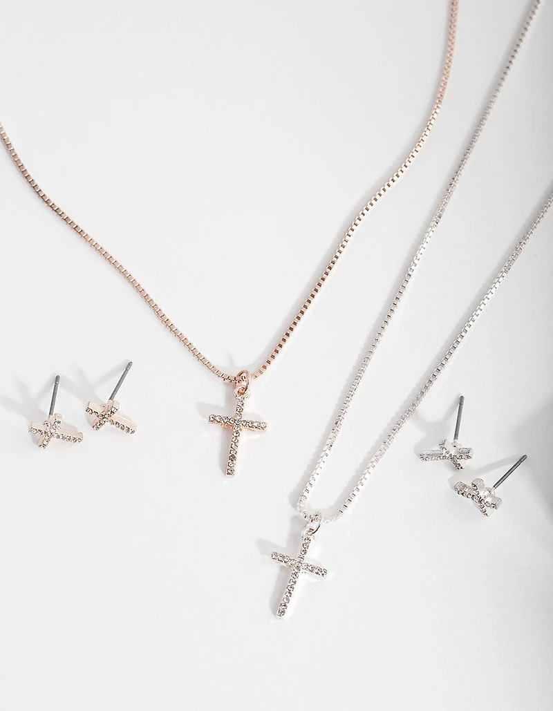Mixed Metal Diamante Cross Jewellery Set