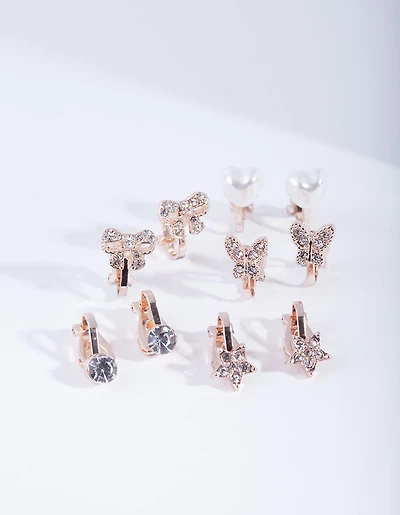 Kids Rose Gold Diamante Star Butterfly Heart & Bow Clip On Earring 5-Pack