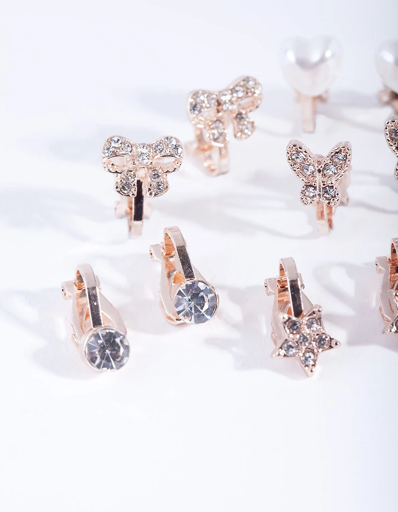 Kids Rose Gold Diamante Star Butterfly Heart & Bow Clip On Earring 5-Pack