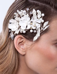 Silver White Floral Hair Clip