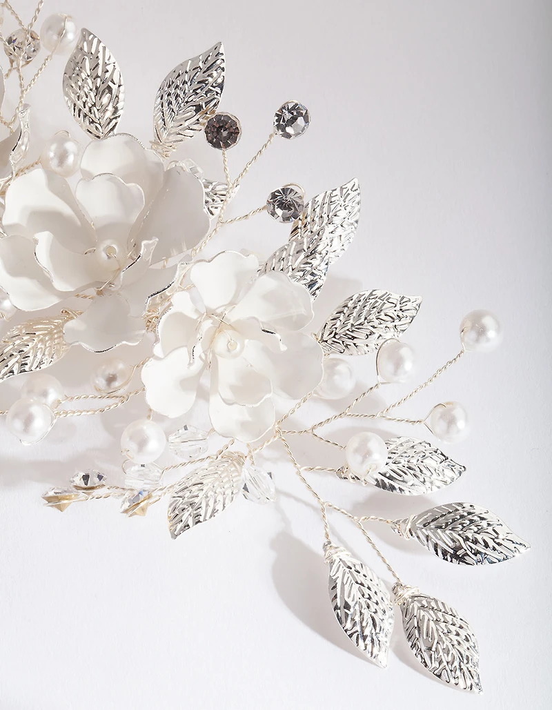 Silver White Floral Hair Clip