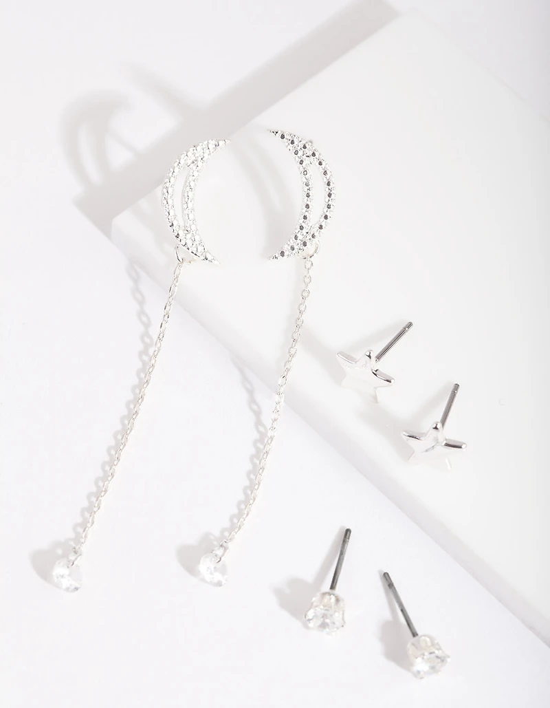 Silver Cubic Zirconia Star & Moon Earring Pack
