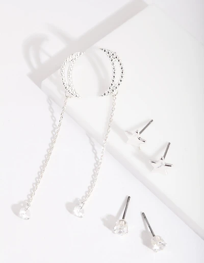 Silver Cubic Zirconia Star & Moon Earring Pack