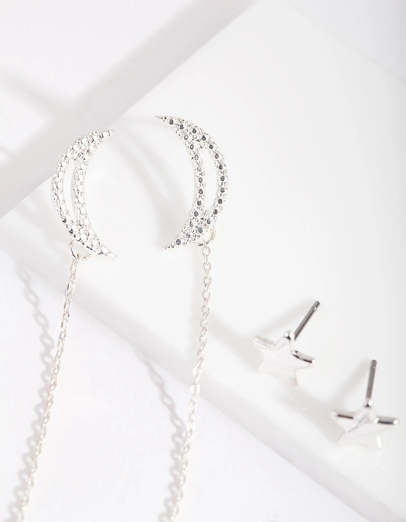Silver Cubic Zirconia Star & Moon Earring Pack